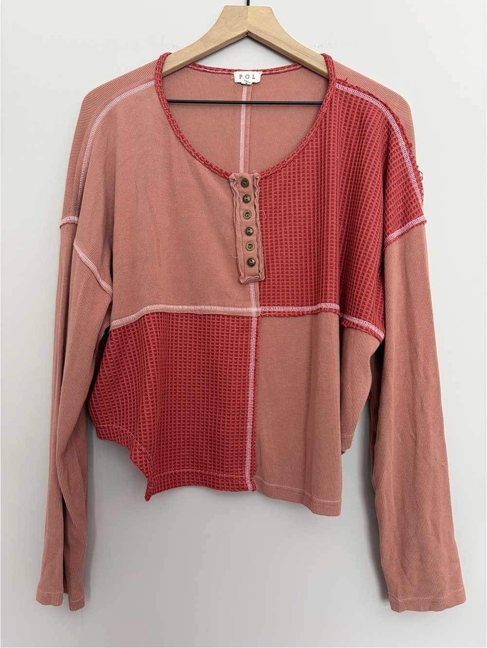POL Patched Waffle Henley Red/Pink Large